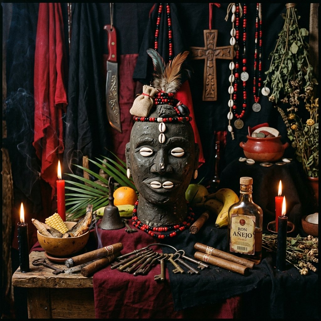 Altar místico iluminado dedicado a Eleguá